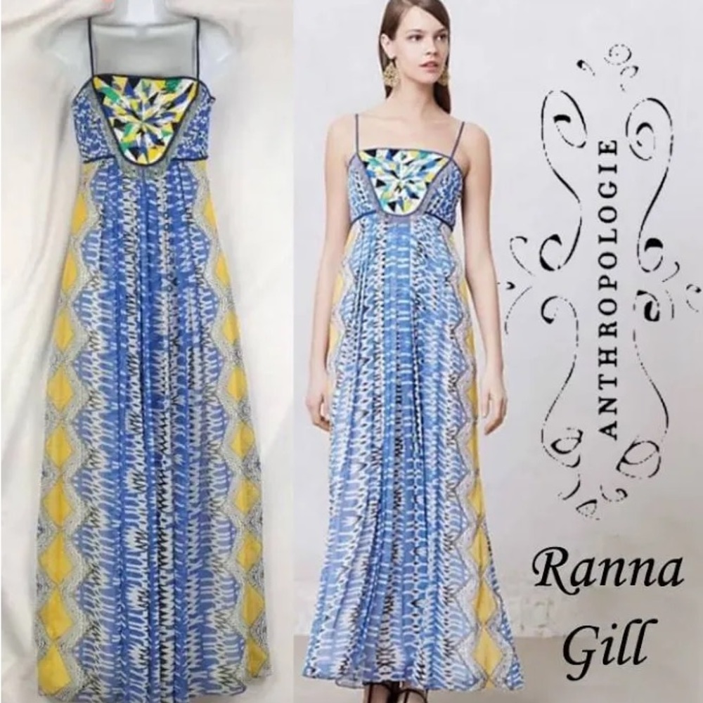Anthropologie Ranna Gill long beaded blue yellow detailed dress